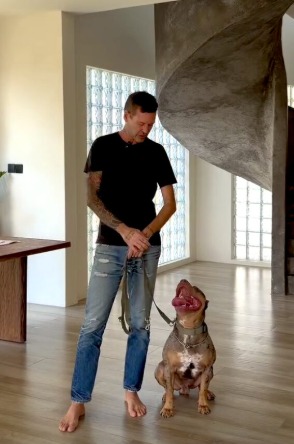 Stephan Mairesse training a large dog on leash indoors