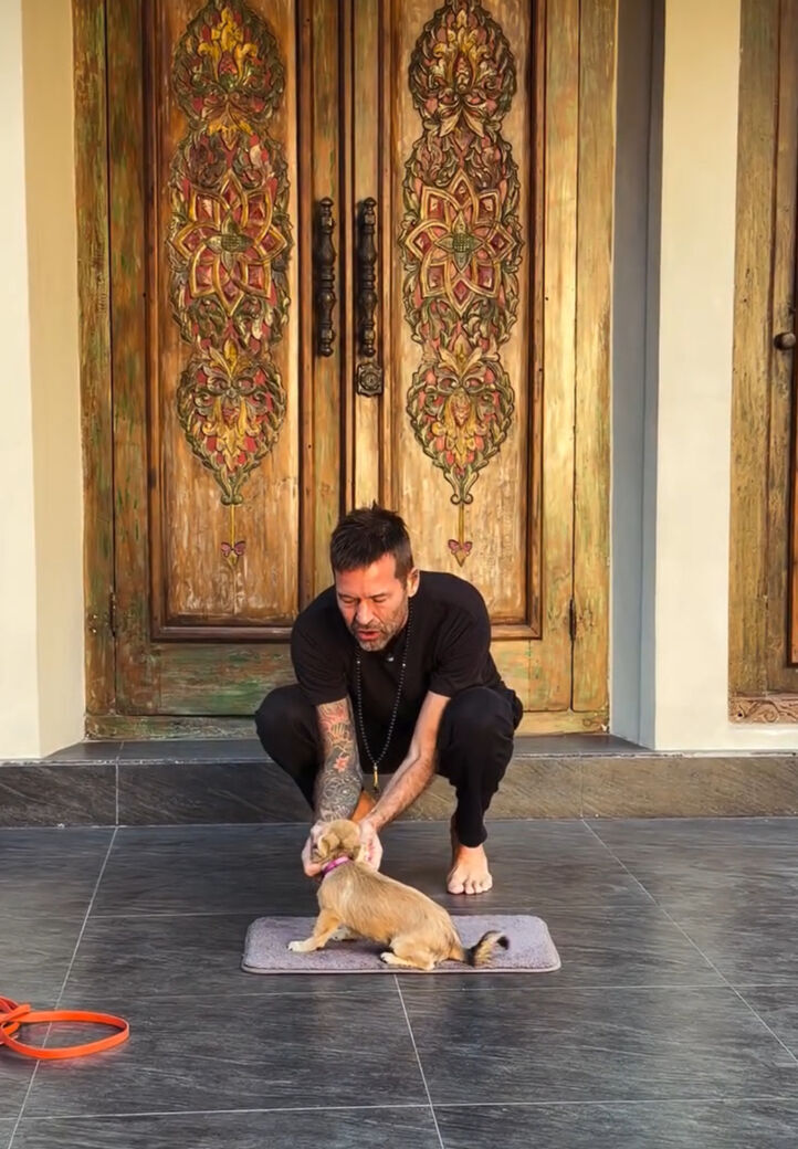Stephan Mairesse teaching a puppy the mat command