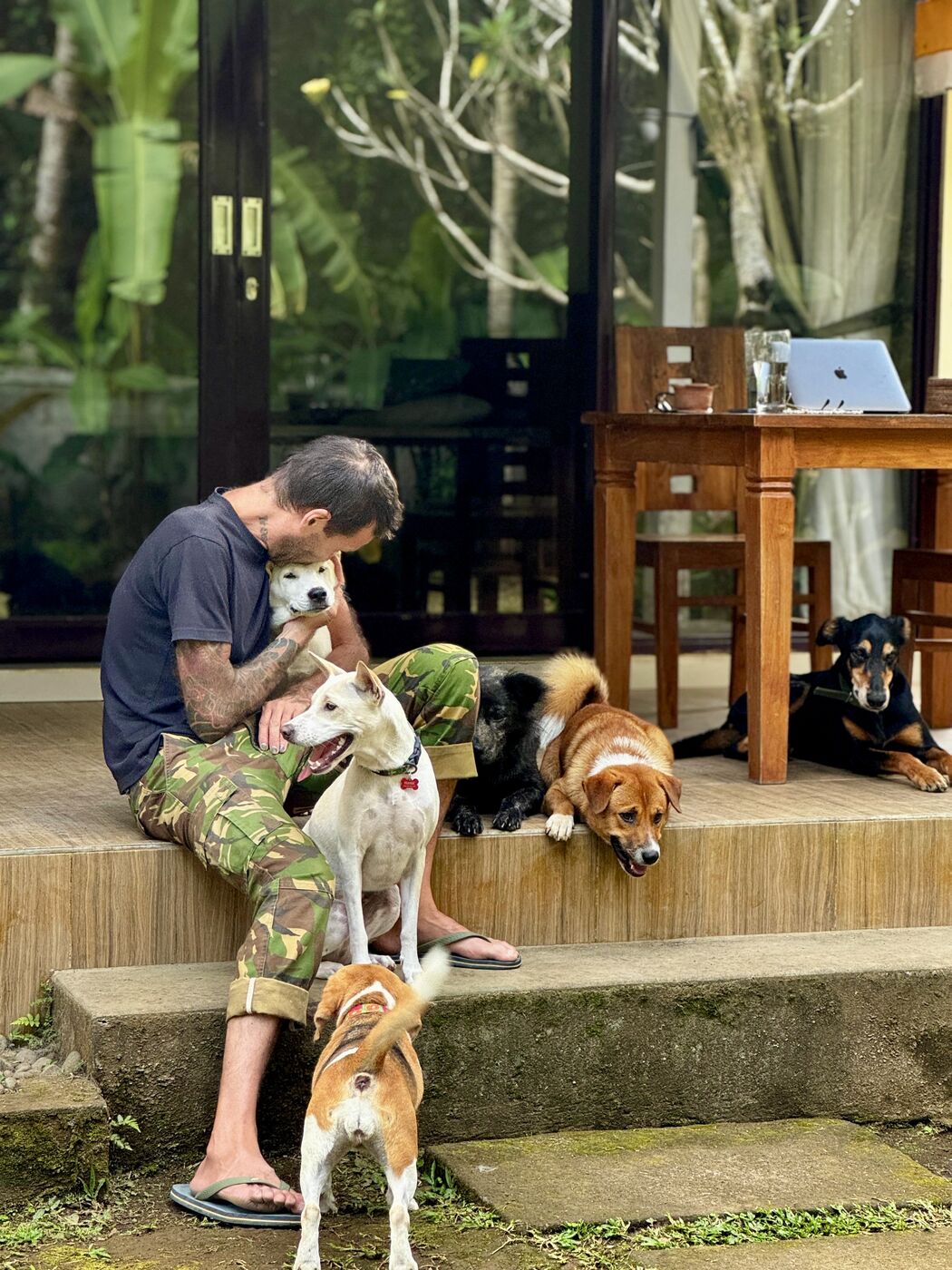 Stephan Mairesse sitting on a porch surrounded by five dogs