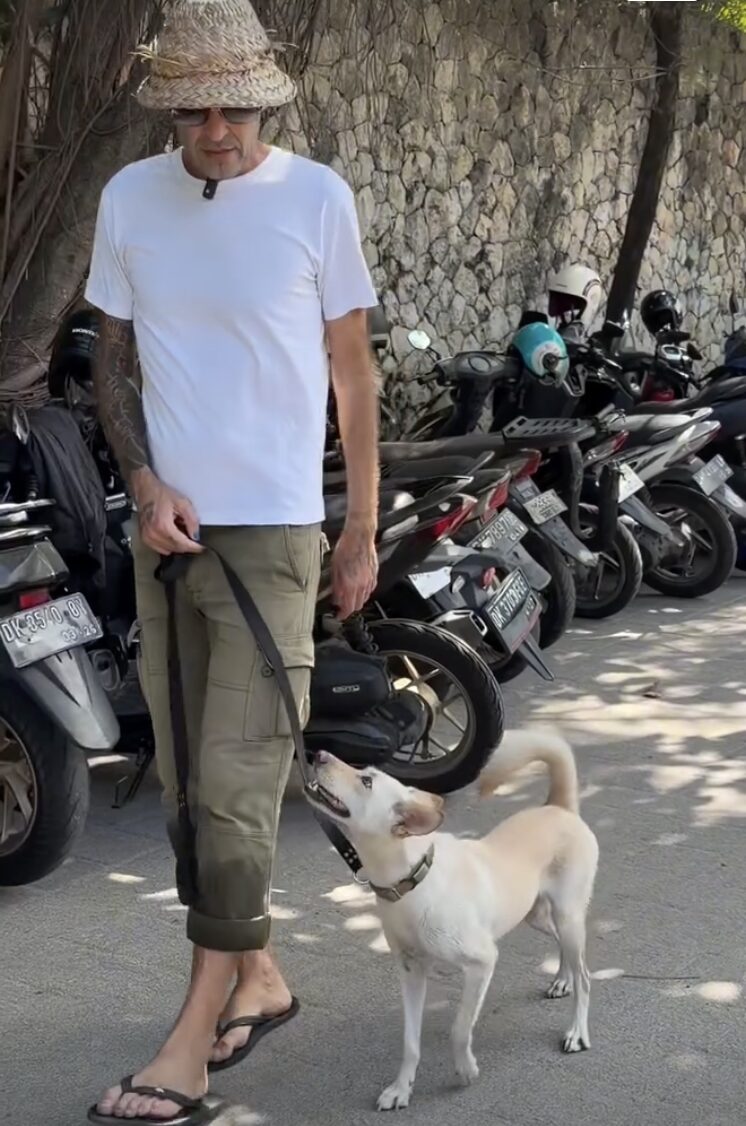 Stephan Mairesse walking a dog past parked motorbikes